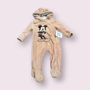 NWT Disney Baby Mickey Mouse One Piece Footies with Hood Tan Size 3/6 Months